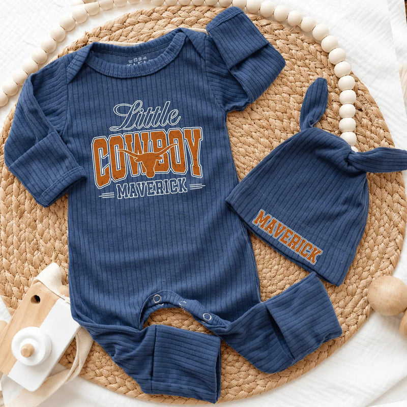 Custom Little Cowboy Bodysuit & Hat Set for Baby Boys, Western Take-Home Outfit with Name, Soft Cotton Newborn Gift for Country Style