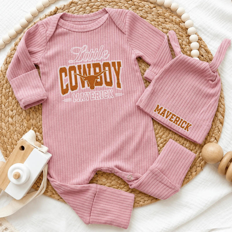 Custom Little Cowboy Bodysuit & Hat Set for Baby Boys, Western Take-Home Outfit with Name, Soft Cotton Newborn Gift for Country Style