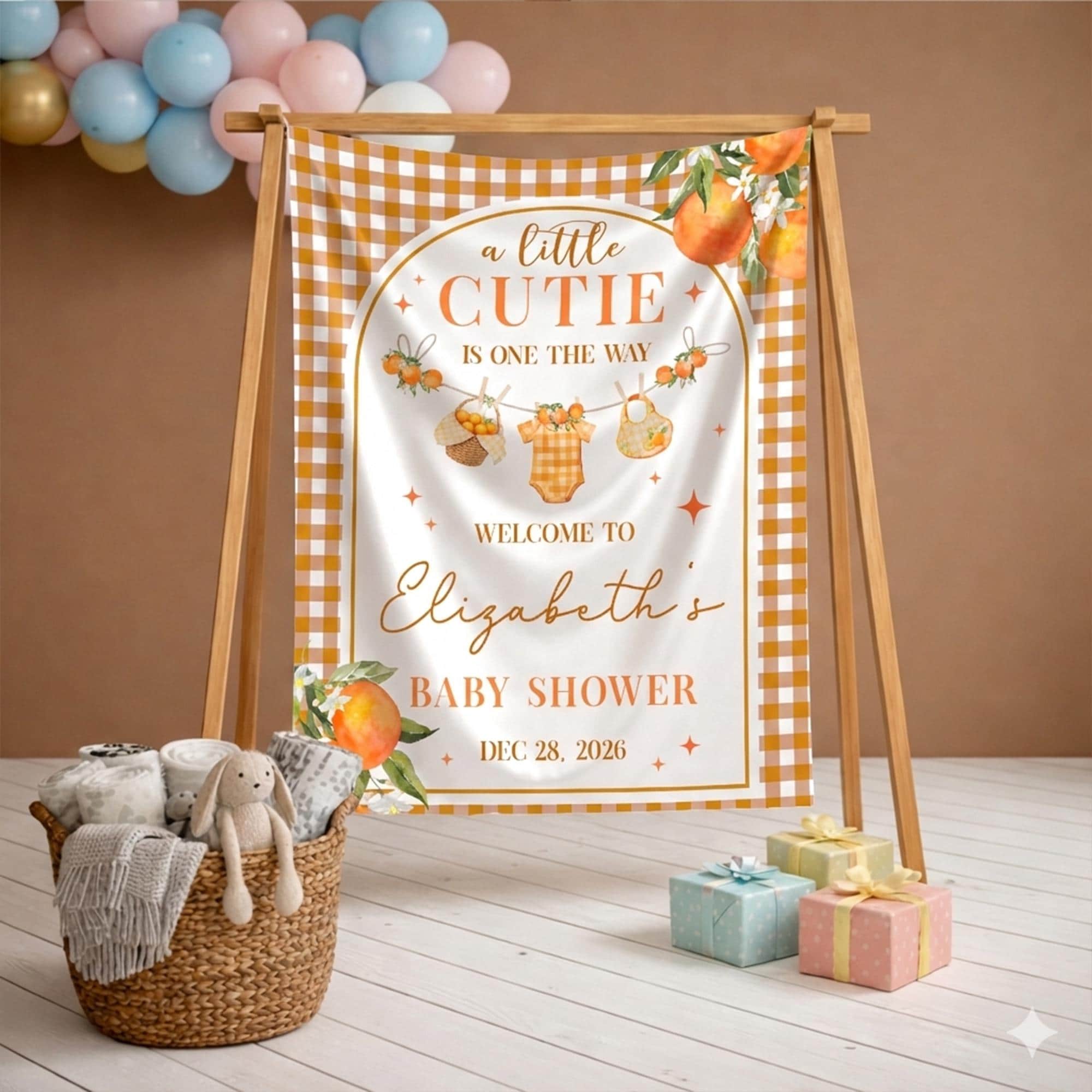 Custom Little Cutie Baby Shower Welcome Sign with Orange Gingham Border, Personalized Silk Decoration for Party Dec 28, 2026