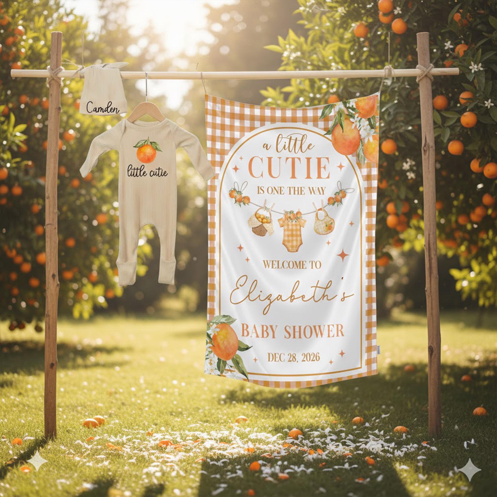 Custom Little Cutie Baby Shower Welcome Sign with Orange Gingham Border, Personalized Silk Decoration for Party Dec 28, 2026