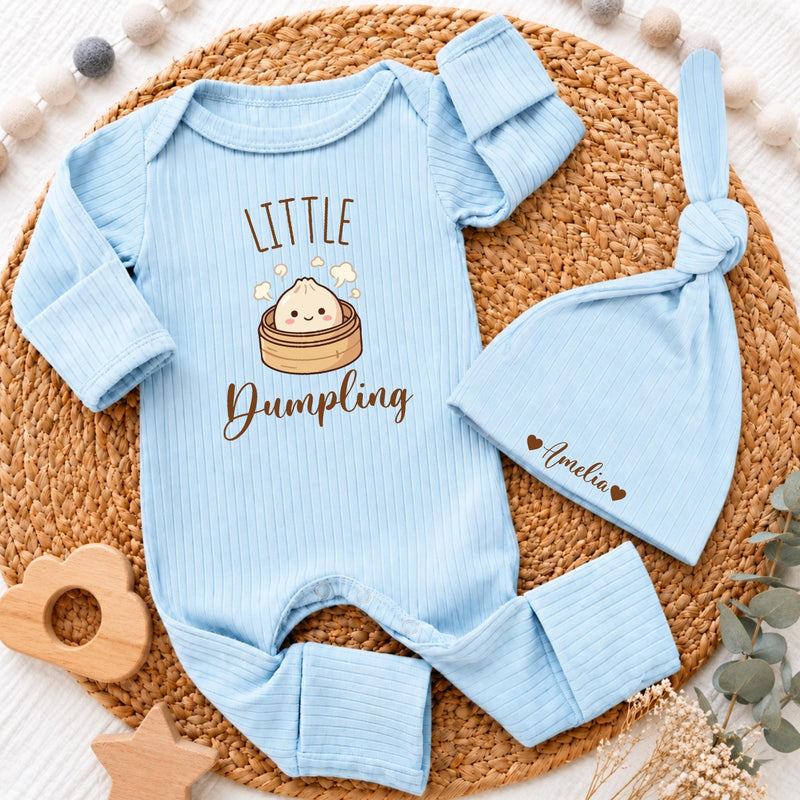 Custom Little Dumpling Baby Bodysuit and Hat Set with Name, Adorable Food-Themed Newborn Outfit, Soft Cotton Baby Shower Gift for Infants