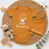 Custom Little Dumpling Baby Bodysuit and Hat Set with Name, Adorable Food-Themed Newborn Outfit, Soft Cotton Baby Shower Gift for Infants