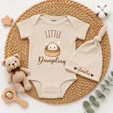 Custom Little Dumpling Baby Bodysuit and Hat Set with Name, Adorable Food-Themed Newborn Outfit, Soft Cotton Baby Shower Gift for Infants