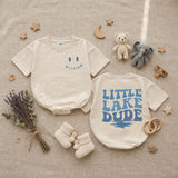 Custom Little Lake Dude Baby Romper with Retro Blue Text, Soft Cotton Long Sleeve Bodysuit for Newborns, Perfect Summer Baby Shower Gift