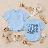Custom Little Lake Dude Baby Romper with Retro Blue Text, Soft Cotton Long Sleeve Bodysuit for Newborns, Perfect Summer Baby Shower Gift