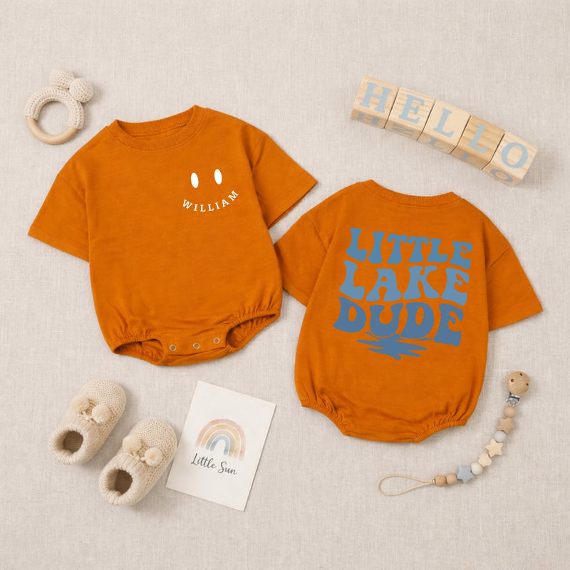 Custom Little Lake Dude Baby Romper with Retro Blue Text, Soft Cotton Long Sleeve Bodysuit for Newborns, Perfect Summer Baby Shower Gift