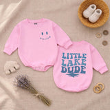 Custom Little Lake Dude Baby Romper with Retro Blue Text, Soft Cotton Long Sleeve Bodysuit for Newborns, Perfect Summer Baby Shower Gift