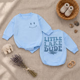 Custom Little Lake Dude Baby Romper with Retro Blue Text, Soft Cotton Long Sleeve Bodysuit for Newborns, Perfect Summer Baby Shower Gift