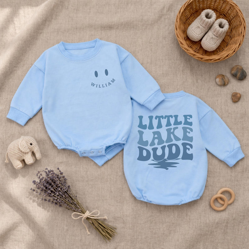 Custom Little Lake Dude Baby Romper with Retro Blue Text, Soft Cotton Long Sleeve Bodysuit for Newborns, Perfect Summer Baby Shower Gift