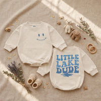 Custom Little Lake Dude Baby Romper with Retro Blue Text, Soft Cotton Long Sleeve Bodysuit for Newborns, Perfect Summer Baby Shower Gift