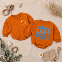 Custom Little Lake Dude Baby Romper with Retro Blue Text, Soft Cotton Long Sleeve Bodysuit for Newborns, Perfect Summer Baby Shower Gift