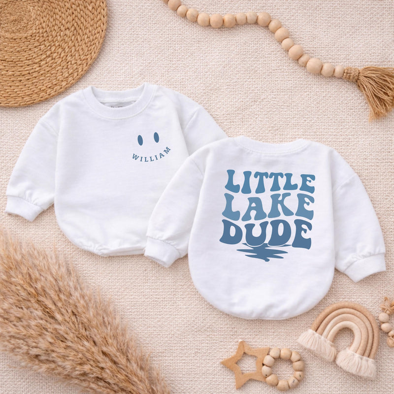 Custom Little Lake Dude Baby Romper with Retro Blue Text, Soft Cotton Long Sleeve Bodysuit for Newborns, Perfect Summer Baby Shower Gift
