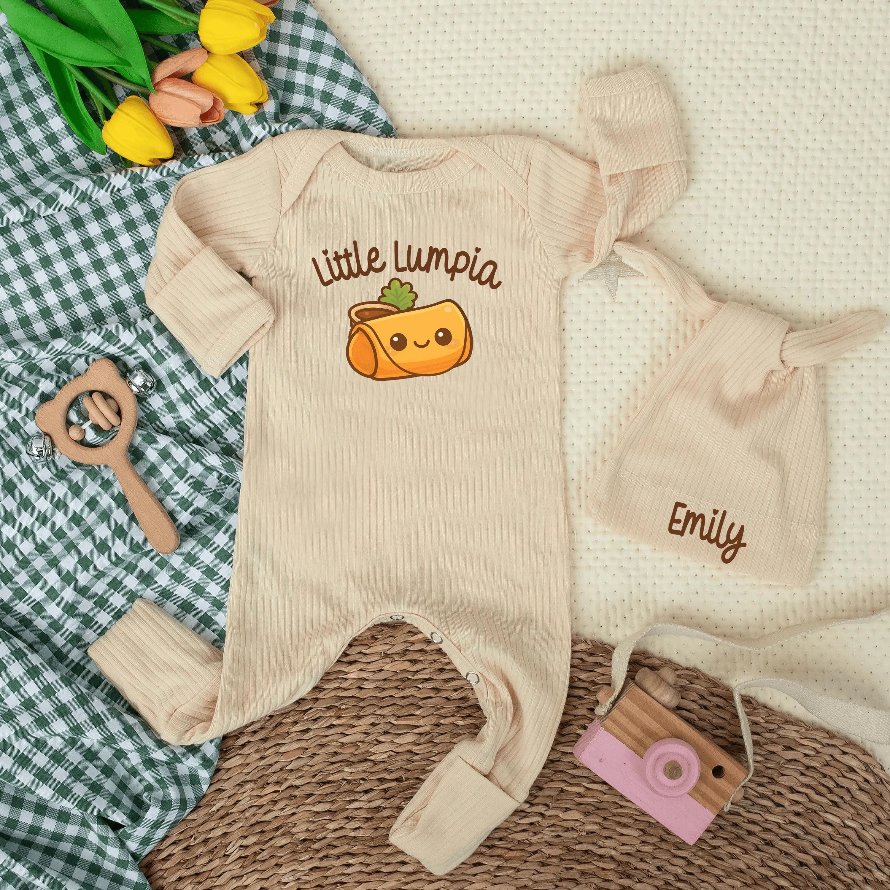 Custom Little Lumpia Baby Romper with Hat, Filipino Newborn Outfit, Soft Cotton Ribbed Bodysuit for Baby Girls, Coming Home or Baby Shower Gift