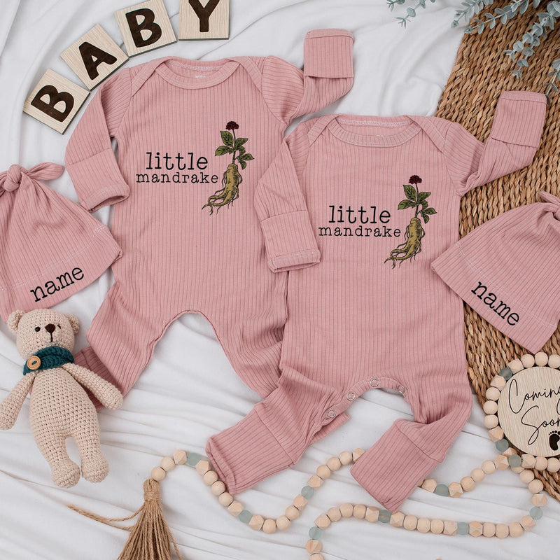 Custom Little Mandrake Baby Bodysuit & Hat Set, Soft Cotton Long Sleeve Romper for Newborns, Perfect Keepsake or Going-Home Outfit