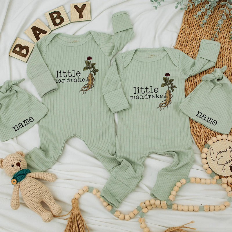 Custom Little Mandrake Baby Bodysuit & Hat Set, Soft Cotton Long Sleeve Romper for Newborns, Perfect Keepsake or Going-Home Outfit