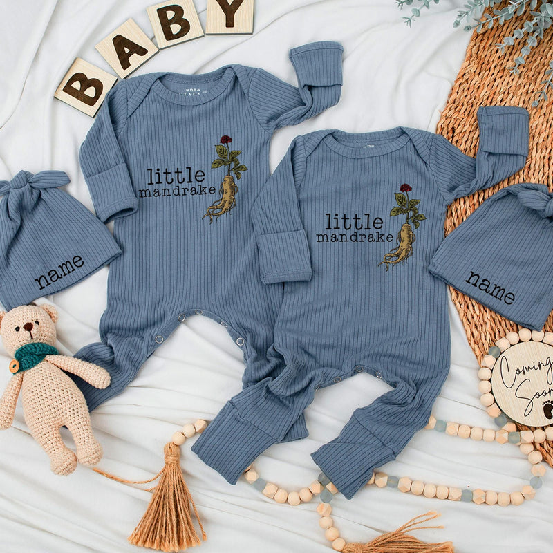 Custom Little Mandrake Baby Bodysuit & Hat Set, Soft Cotton Long Sleeve Romper for Newborns, Perfect Keepsake or Going-Home Outfit