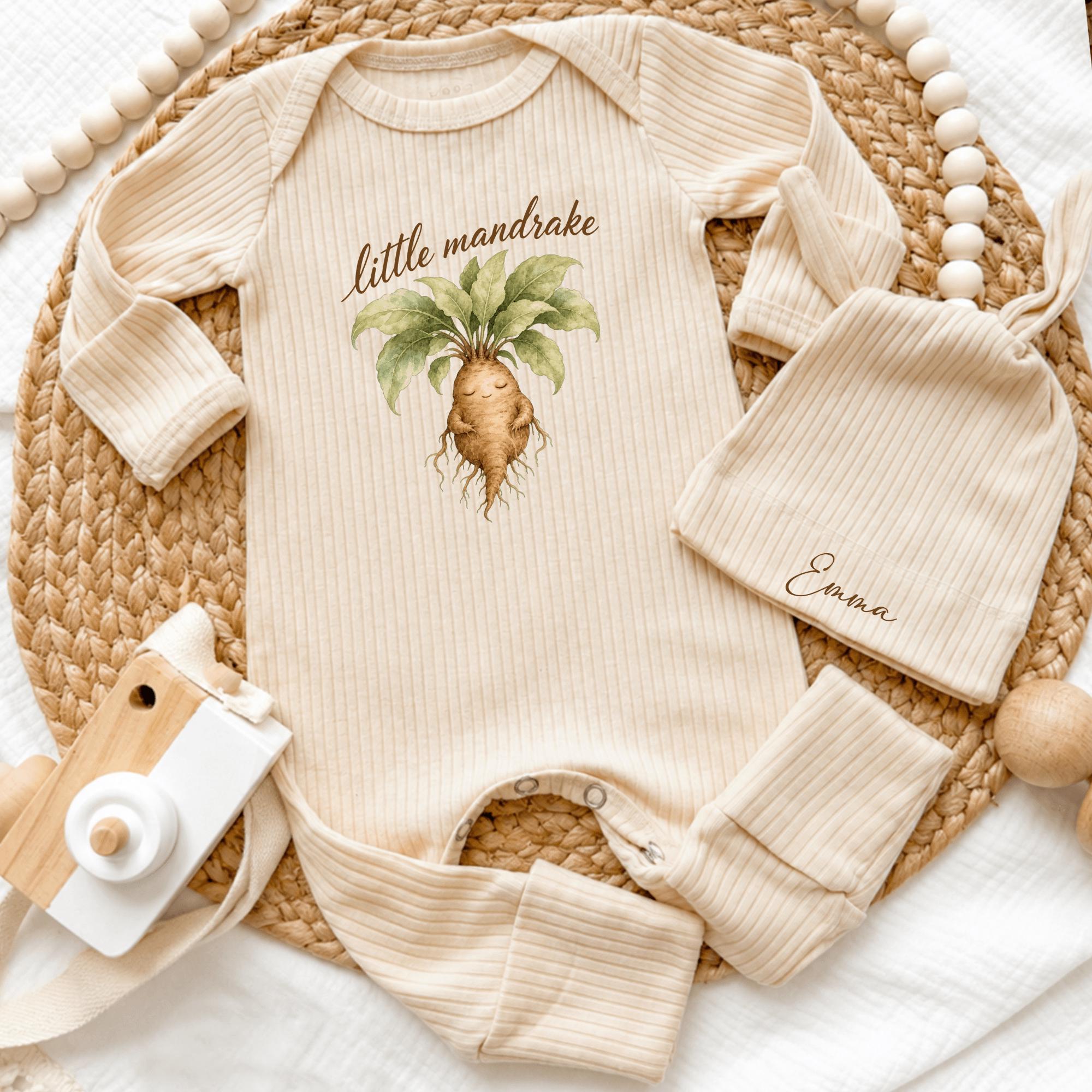 Custom Little Mandrake Bodysuit and Hat Set for Newborns, Soft Cotton Baby Coming Home Outfit, Botanical Fantasy Design, Perfect Gift
