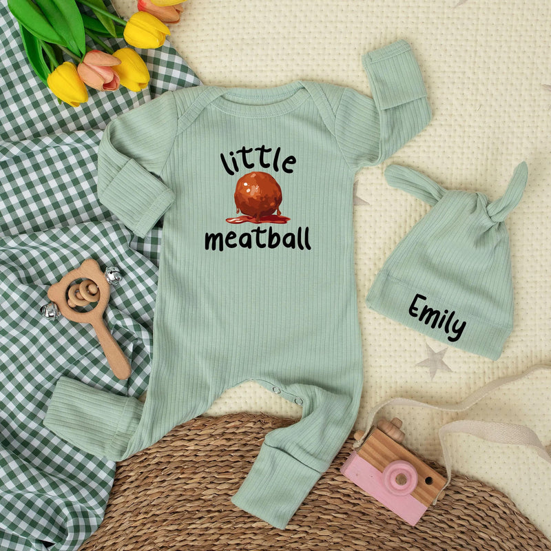 Custom Little Meatball Baby Bodysuit with Matching Hat, Funny Italian Food Outfit, Soft Cotton Newborn Romper, Baby Shower Gift Set
