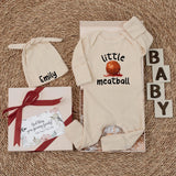 Custom Little Meatball Baby Bodysuit with Matching Hat, Funny Italian Food Outfit, Soft Cotton Newborn Romper, Baby Shower Gift Set