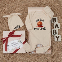 Custom Little Meatball Baby Bodysuit with Matching Hat, Funny Italian Food Outfit, Soft Cotton Newborn Romper, Baby Shower Gift Set