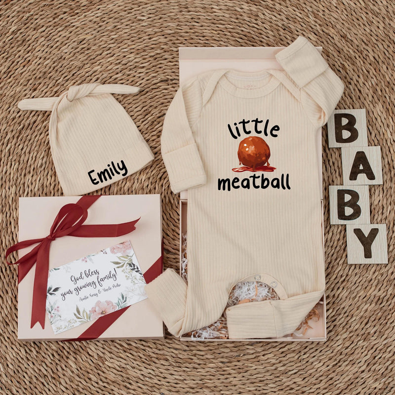Custom Little Meatball Baby Bodysuit with Matching Hat, Funny Italian Food Outfit, Soft Cotton Newborn Romper, Baby Shower Gift Set
