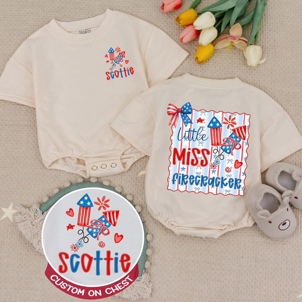 Custom Little Miss Firecracker Shirt for Girls, 4th of July Outfit, Toddler Baby Romper, Patriotic Red White Blue Design, Holiday Gift