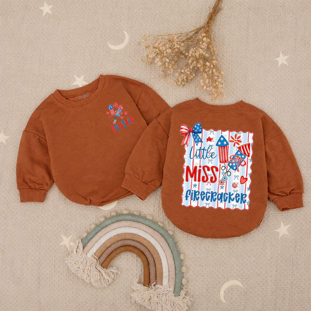 Custom Little Miss Firecracker Shirt for Girls, 4th of July Outfit, Toddler Baby Romper, Patriotic Red White Blue Design, Holiday Gift
