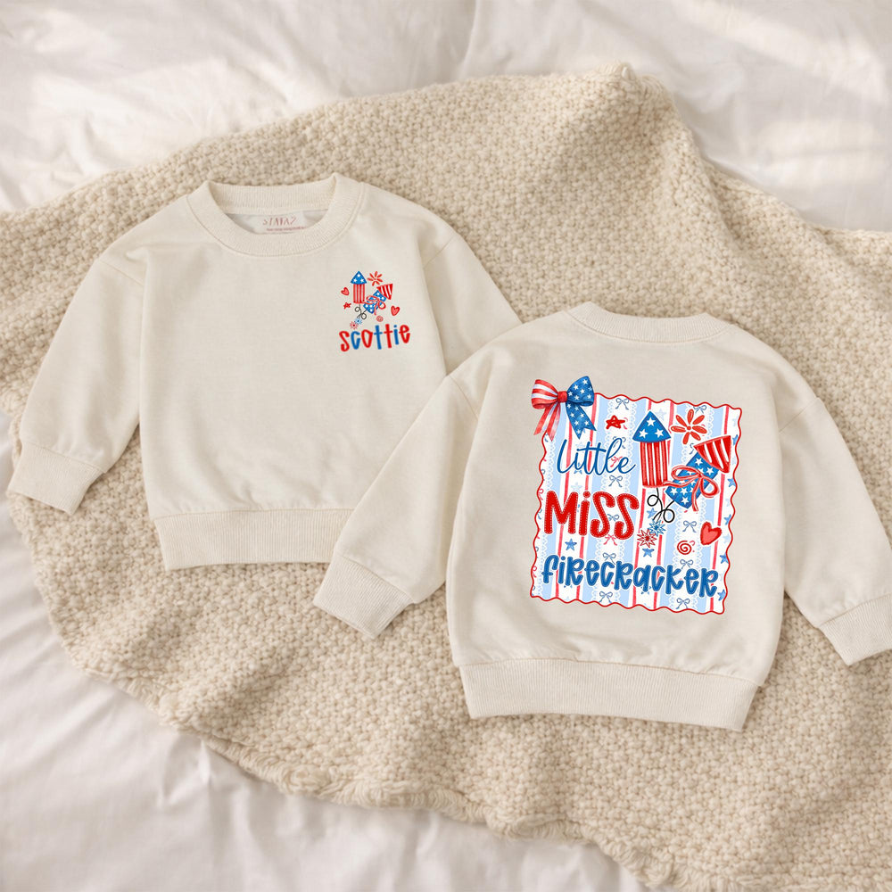 Custom Little Miss Firecracker Shirt for Girls, 4th of July Outfit, Toddler Baby Romper, Patriotic Red White Blue Design, Holiday Gift