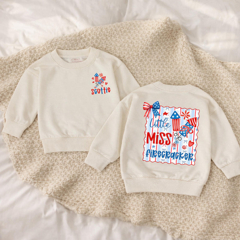 Custom Little Miss Firecracker Shirt for Girls, 4th of July Outfit, Toddler Baby Romper, Patriotic Red White Blue Design, Holiday Gift