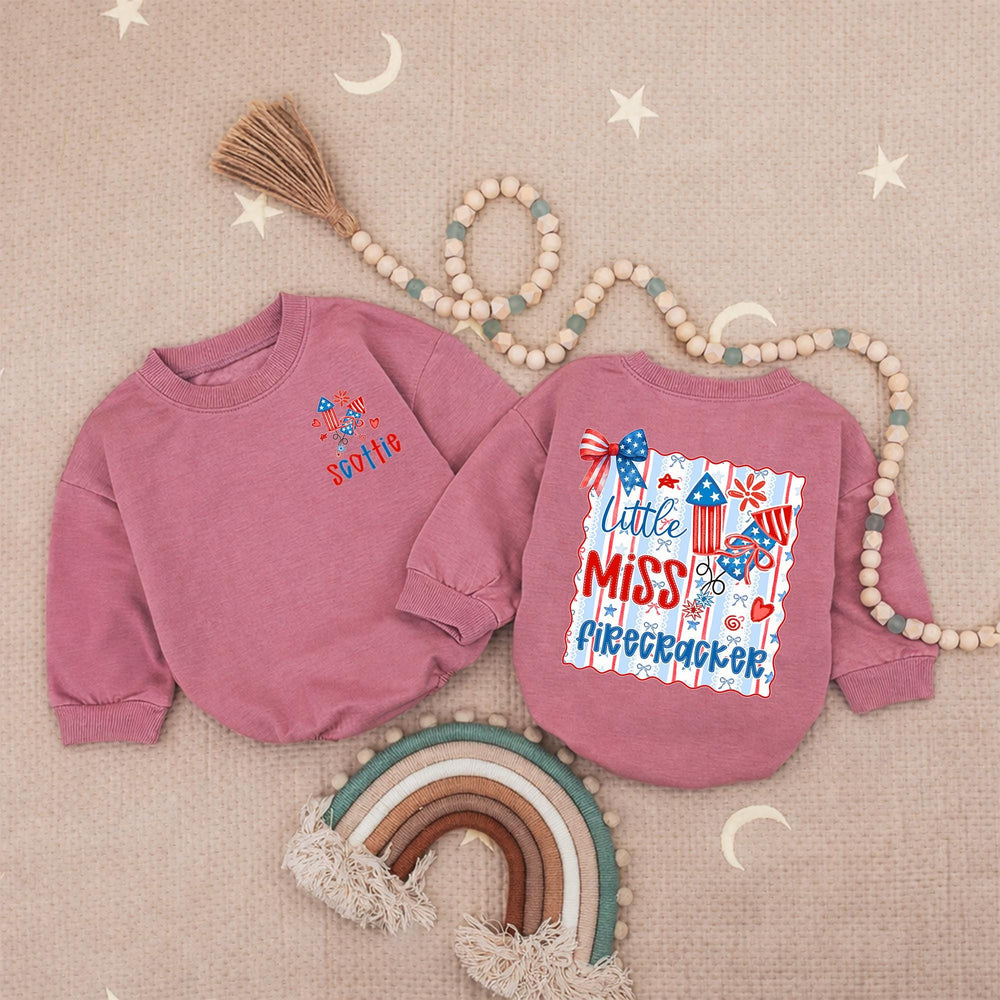 Custom Little Miss Firecracker Shirt for Girls, 4th of July Outfit, Toddler Baby Romper, Patriotic Red White Blue Design, Holiday Gift