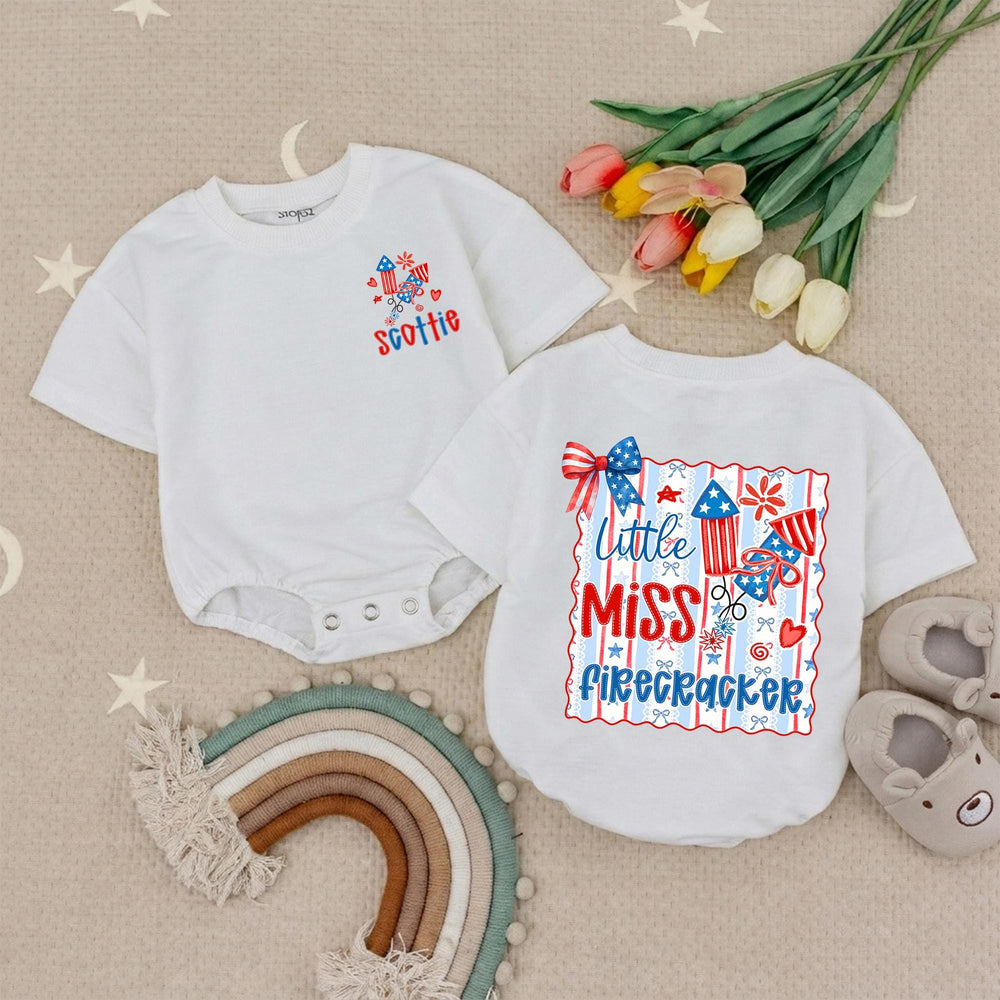 Custom Little Miss Firecracker Shirt for Girls, 4th of July Outfit, Toddler Baby Romper, Patriotic Red White Blue Design, Holiday Gift