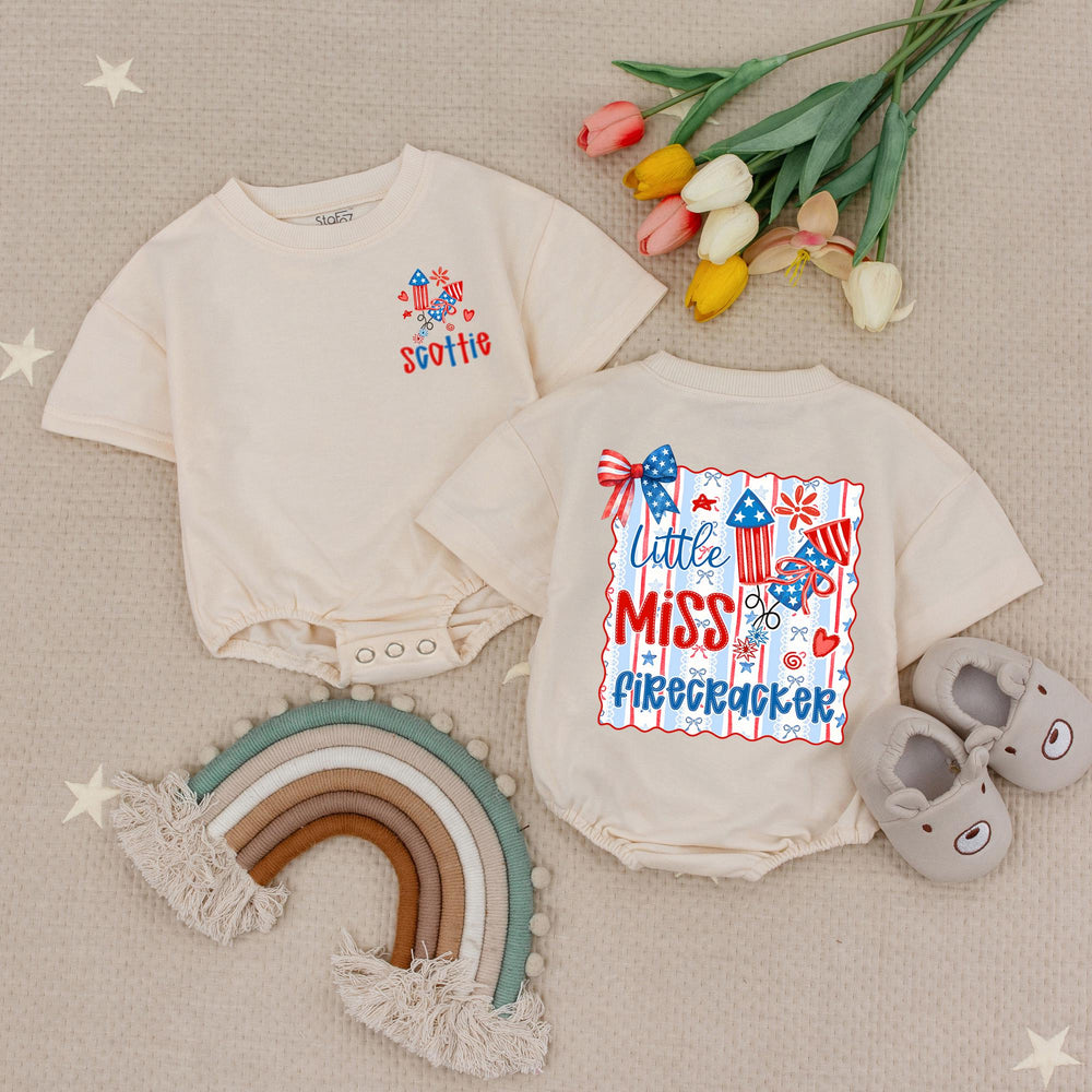 Custom Little Miss Firecracker Shirt for Girls, 4th of July Outfit, Toddler Baby Romper, Patriotic Red White Blue Design, Holiday Gift