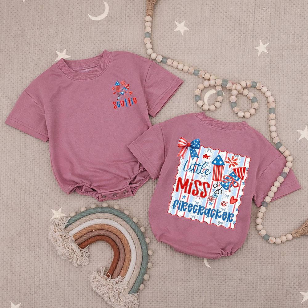 Custom Little Miss Firecracker Shirt for Girls, 4th of July Outfit, Toddler Baby Romper, Patriotic Red White Blue Design, Holiday Gift