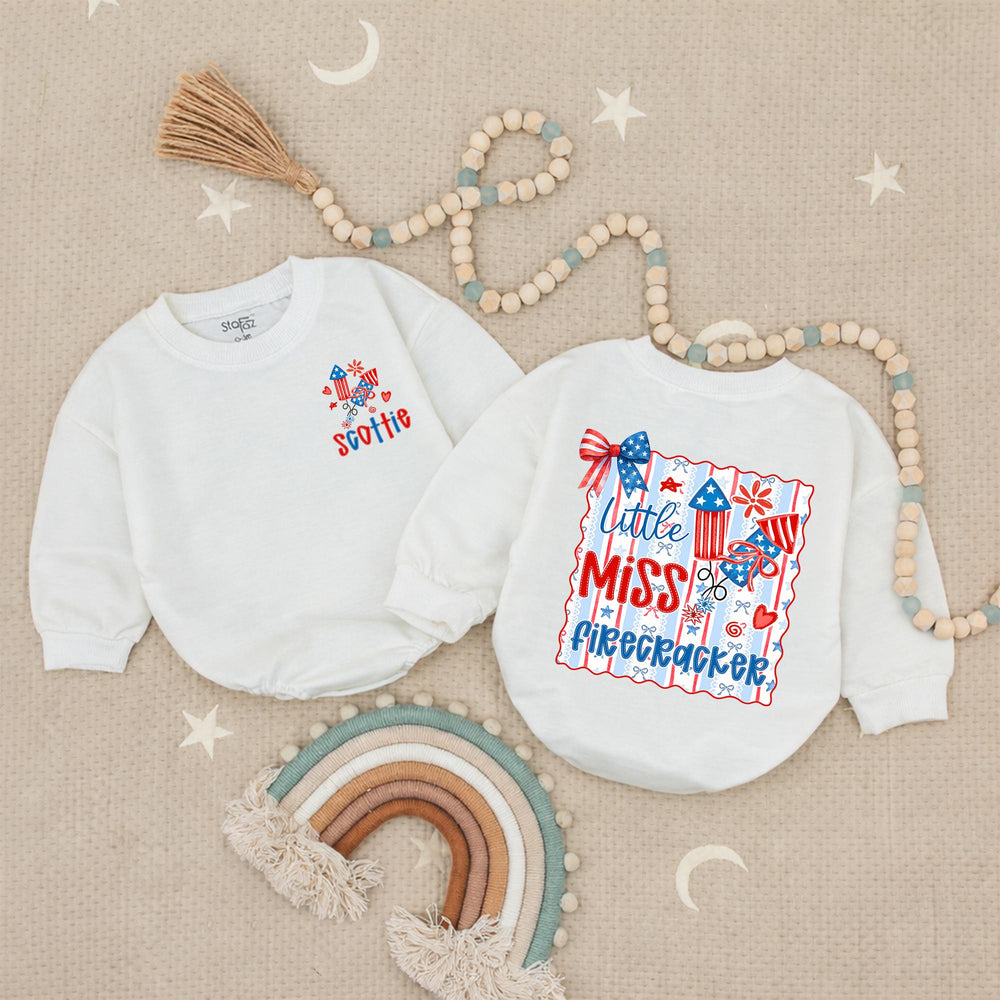 Custom Little Miss Firecracker Shirt for Girls, 4th of July Outfit, Toddler Baby Romper, Patriotic Red White Blue Design, Holiday Gift