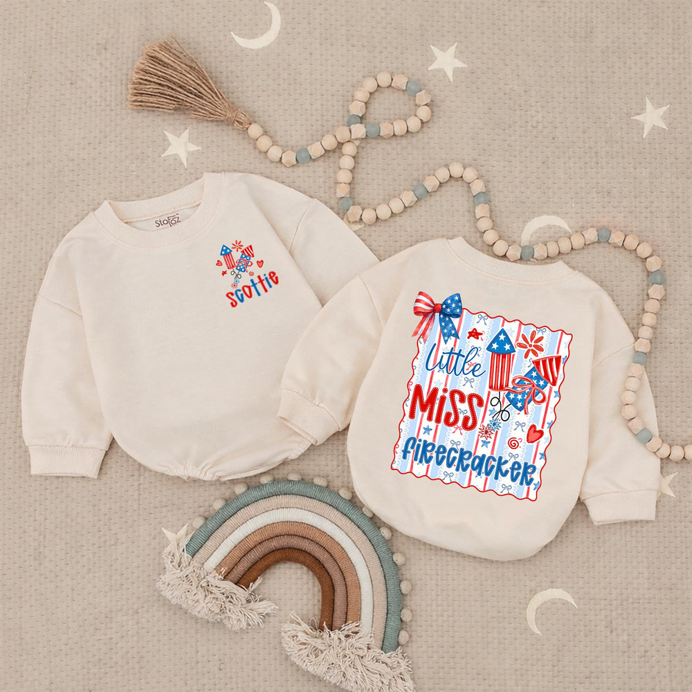 Custom Little Miss Firecracker Shirt for Girls, 4th of July Outfit, Toddler Baby Romper, Patriotic Red White Blue Design, Holiday Gift