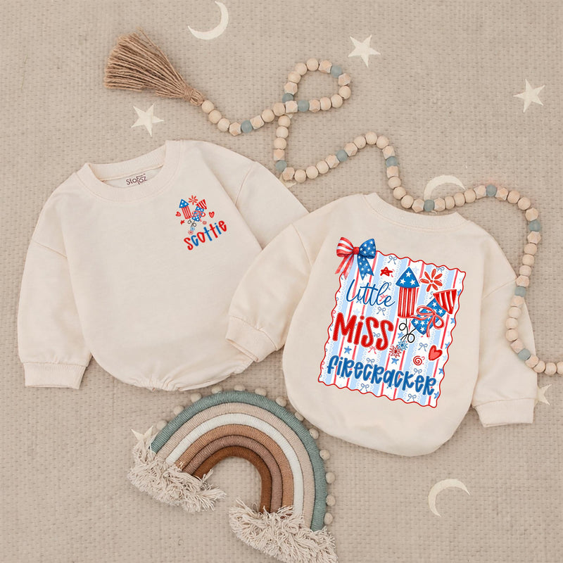Custom Little Miss Firecracker Shirt for Girls, 4th of July Outfit, Toddler Baby Romper, Patriotic Red White Blue Design, Holiday Gift