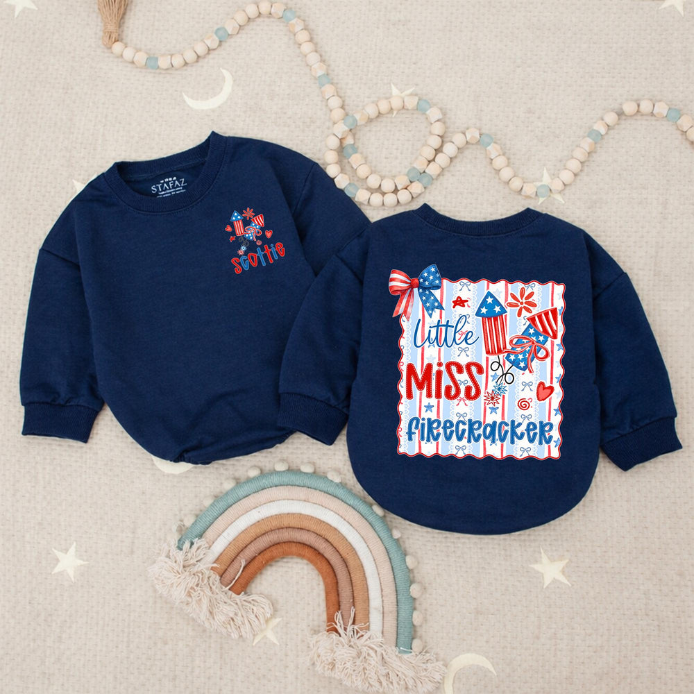 Custom Little Miss Firecracker Shirt for Girls, 4th of July Outfit, Toddler Baby Romper, Patriotic Red White Blue Design, Holiday Gift