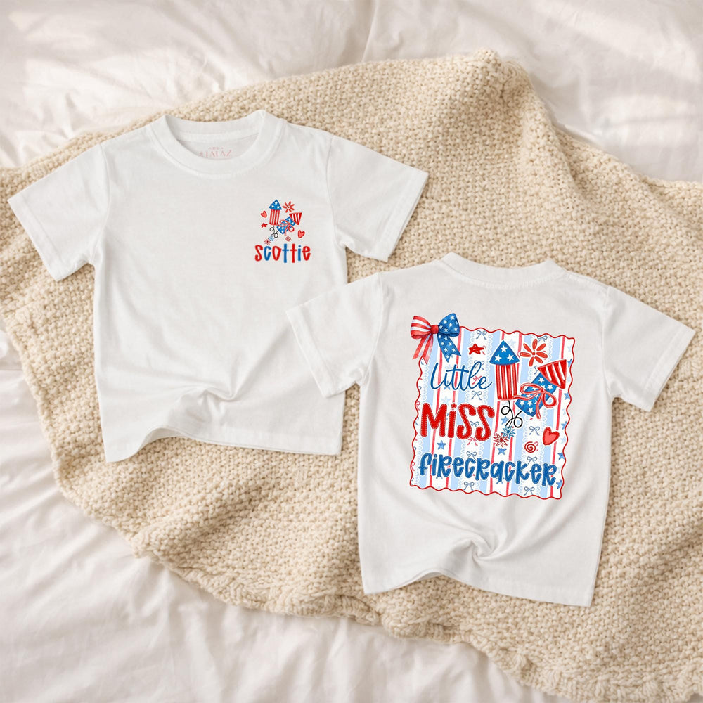 Custom Little Miss Firecracker Shirt for Girls, 4th of July Outfit, Toddler Baby Romper, Patriotic Red White Blue Design, Holiday Gift