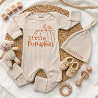 Custom Little Pumpkin Baby Bodysuit and Hat Set in Soft Cotton, Perfect for Fall Newborns, Thanksgiving Outfit or Baby Shower Gift