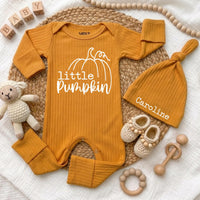 Custom Little Pumpkin Baby Bodysuit and Hat Set in Soft Cotton, Perfect for Fall Newborns, Thanksgiving Outfit or Baby Shower Gift