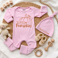 Custom Little Pumpkin Baby Bodysuit and Hat Set in Soft Cotton, Perfect for Fall Newborns, Thanksgiving Outfit or Baby Shower Gift