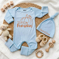 Custom Little Pumpkin Baby Bodysuit and Hat Set in Soft Cotton, Perfect for Fall Newborns, Thanksgiving Outfit or Baby Shower Gift