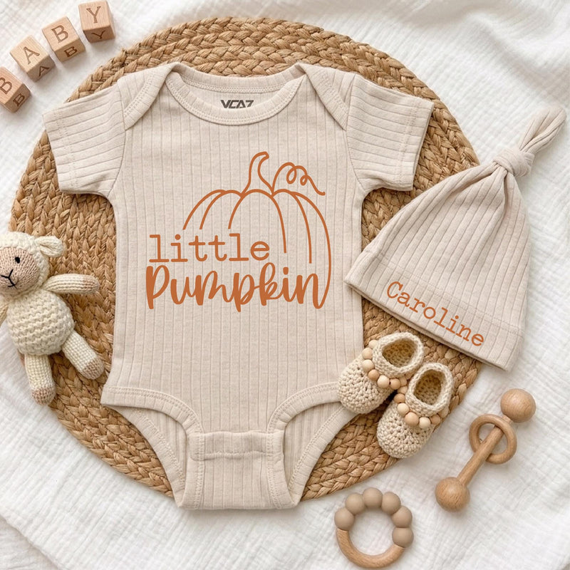 Custom Little Pumpkin Baby Bodysuit and Hat Set in Soft Cotton, Perfect for Fall Newborns, Thanksgiving Outfit or Baby Shower Gift
