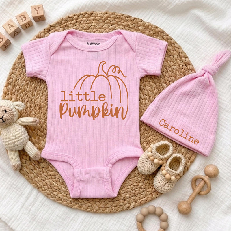 Custom Little Pumpkin Baby Bodysuit and Hat Set in Soft Cotton, Perfect for Fall Newborns, Thanksgiving Outfit or Baby Shower Gift