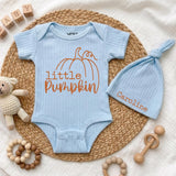 Custom Little Pumpkin Baby Bodysuit and Hat Set in Soft Cotton, Perfect for Fall Newborns, Thanksgiving Outfit or Baby Shower Gift