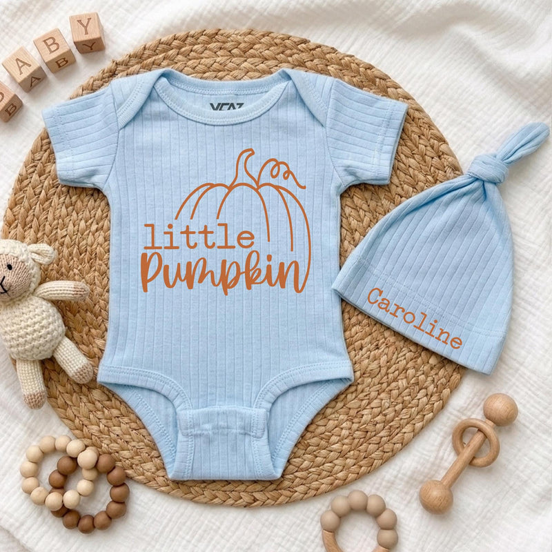 Custom Little Pumpkin Baby Bodysuit and Hat Set in Soft Cotton, Perfect for Fall Newborns, Thanksgiving Outfit or Baby Shower Gift