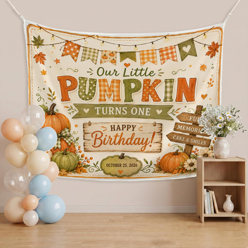 Custom Little Pumpkin First Birthday Silk Banner with Fall Theme, Orange and Green Motifs, Perfect for Baby Milestone Celebrations