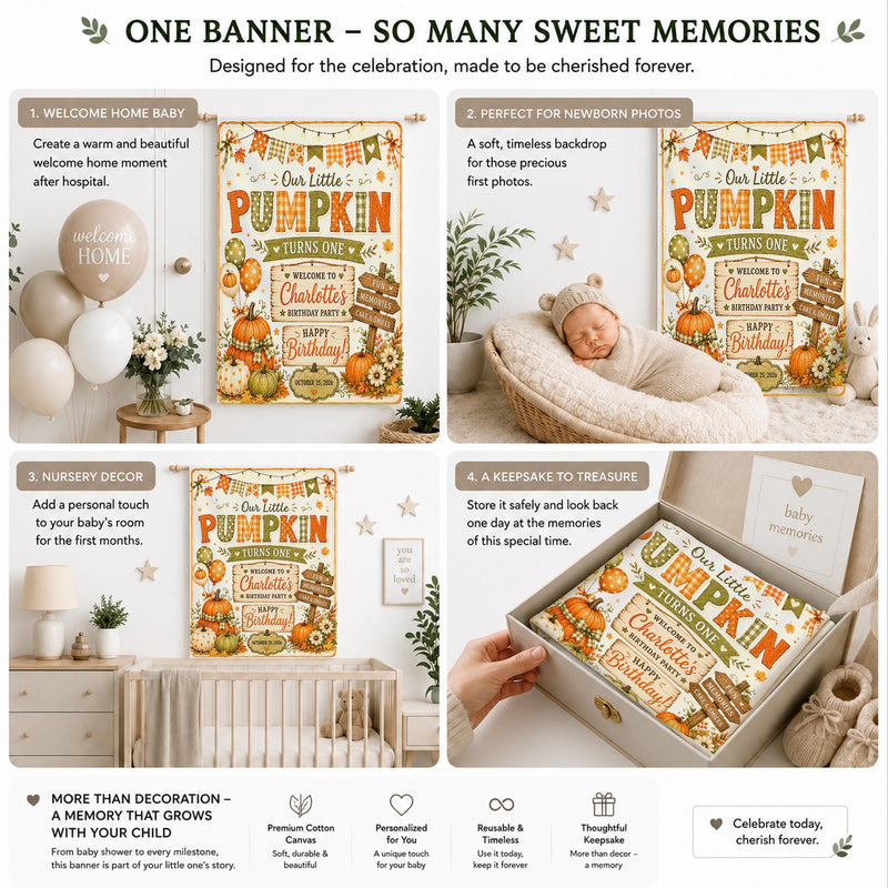 Custom Little Pumpkin First Birthday Silk Banner with Fall Theme, Orange and Green Motifs, Perfect for Baby Milestone Celebrations
