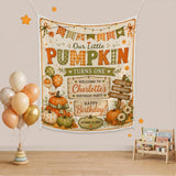 Custom Little Pumpkin First Birthday Silk Banner with Fall Theme, Orange and Green Motifs, Perfect for Baby Milestone Celebrations