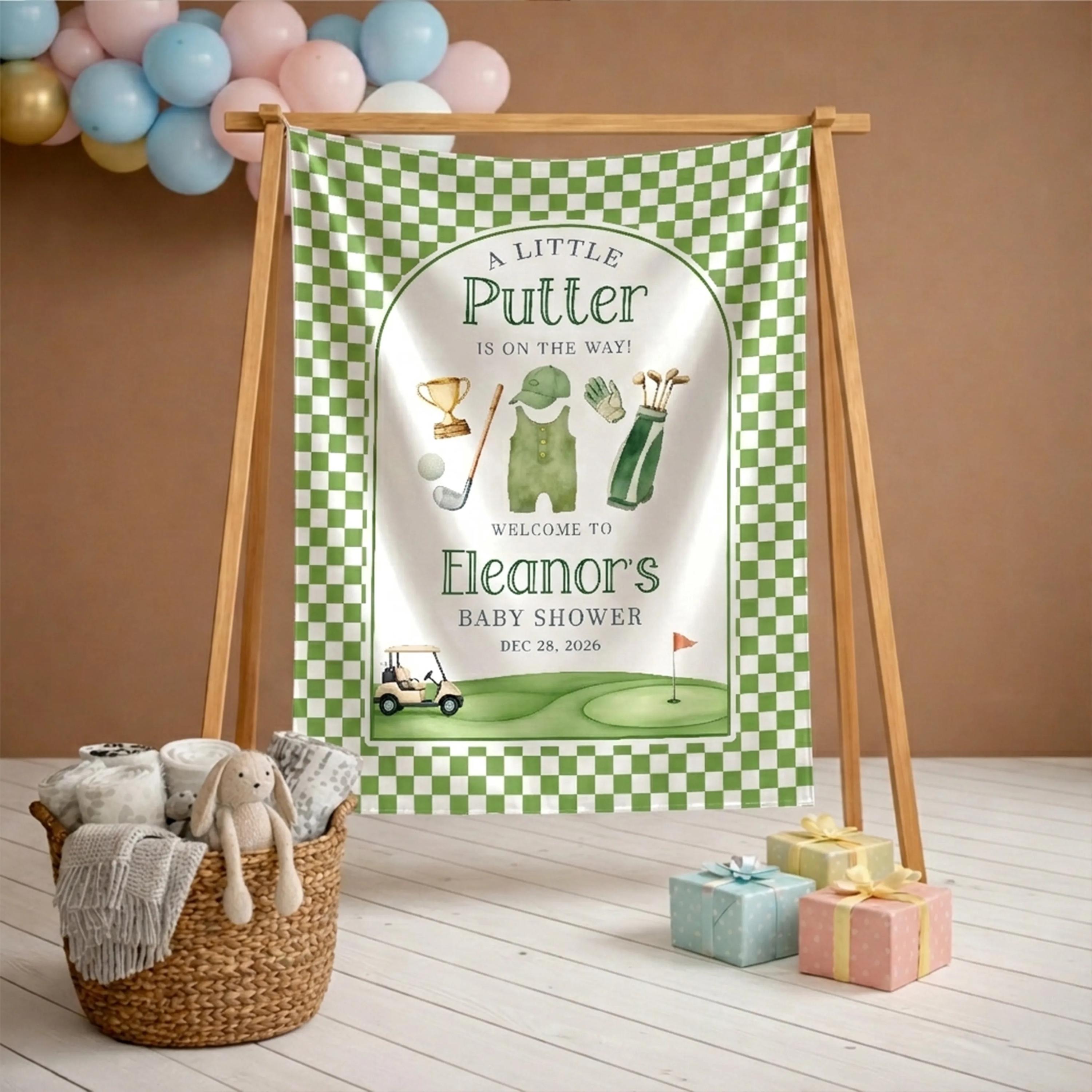 Custom Little Putter Baby Shower Silk Banner Golf-Themed Welcome Sign Neutral Green Decor for Boy or Girl Party Personalized Backdrop